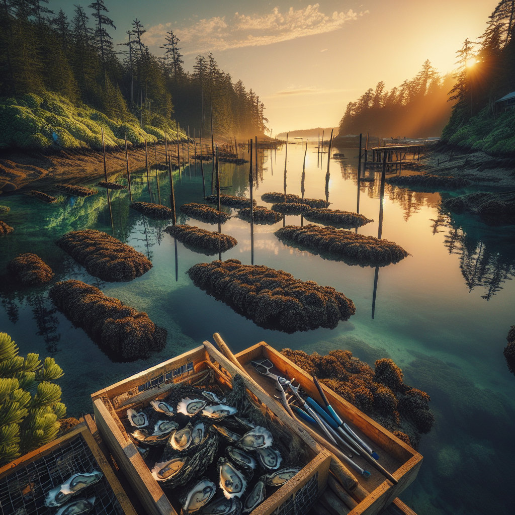 An authentic oyster harvesting setup by the serene Hood Canal, inviting an immersive experience in nature.